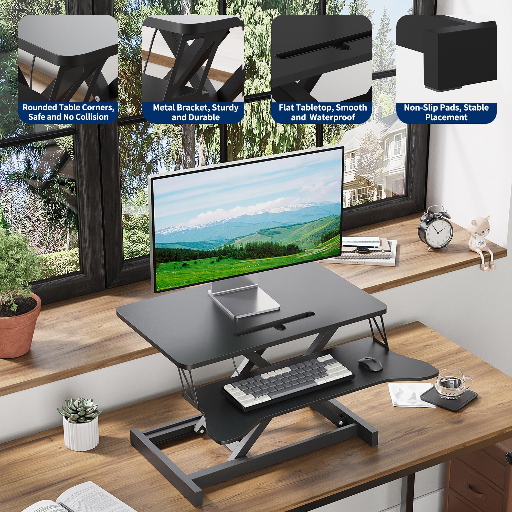 Panana Standing Desk Converter, Height Adjustable Sit to Stand Up Workstation, Dual Monitor and Laptop with Wide Keyboard Tray for Home Office (31.5")