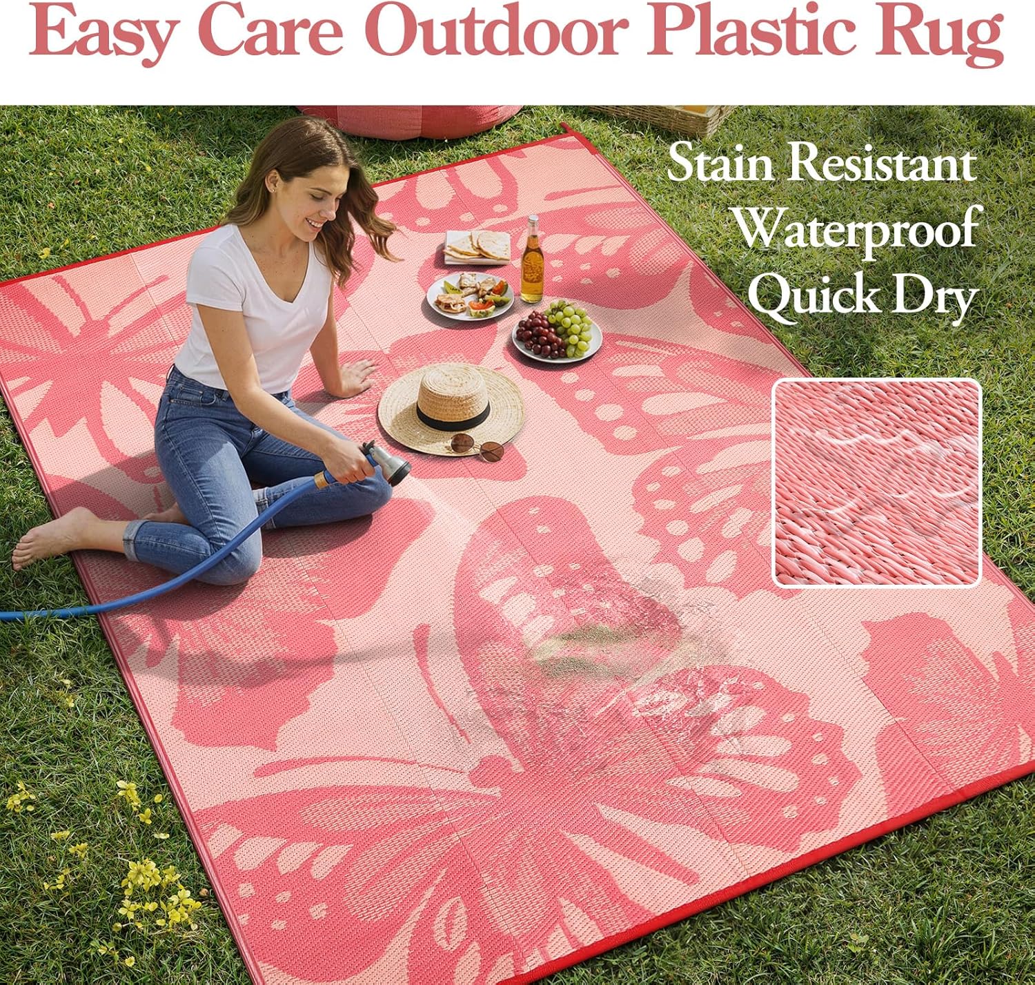 Wonnitar Waterproof 6x9 Outdoor Rug for Patio Clearance, Reversible Plastic Straw Rug Large Portable Camping RV Rug, Butterfly Outside Area Rug for Backyard Balcony Garden, Pink