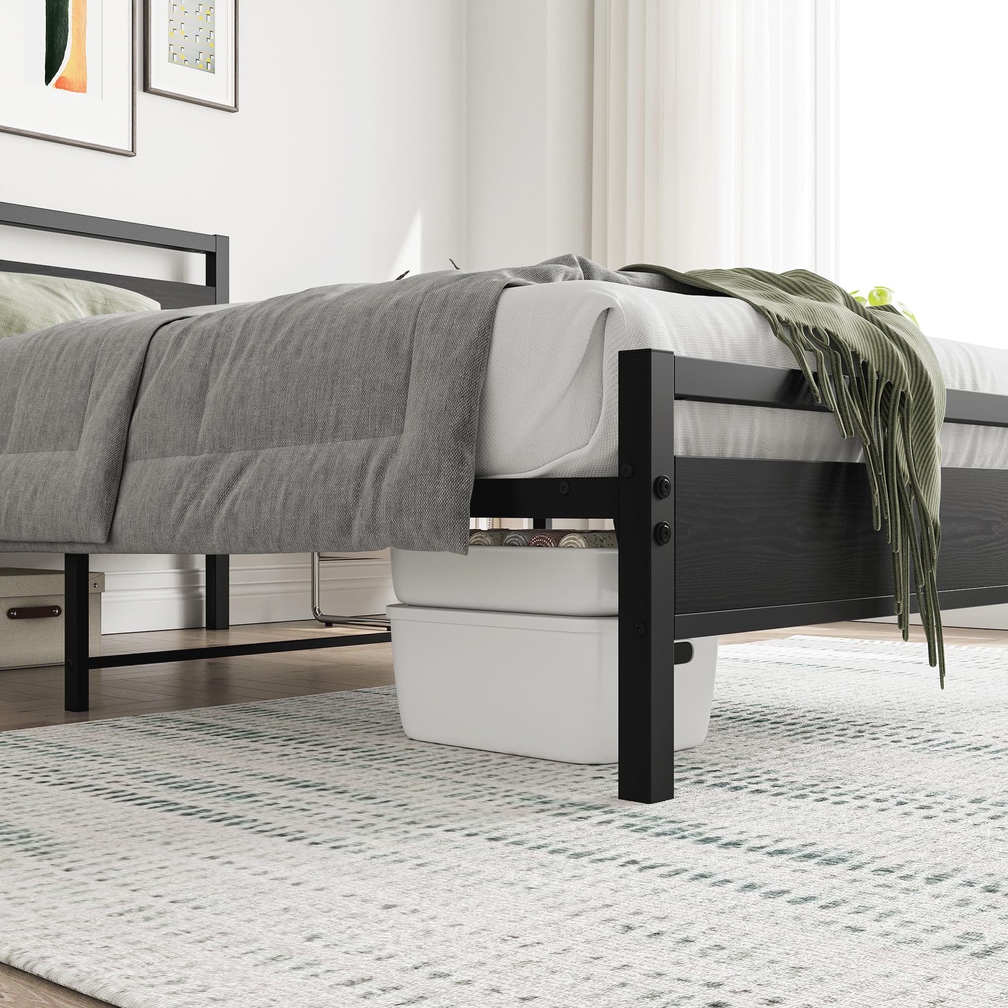 HOJINLINERO Bettgestell 90 x 200 Bettrahmen aus Metall Holz,Einzelbett Bettgestell Metallbett 90x200 mit Lattenrost,Gästebett Jugendbett 90x200 mit Stauraum,Stauraumbett Bed Frame Schwarz