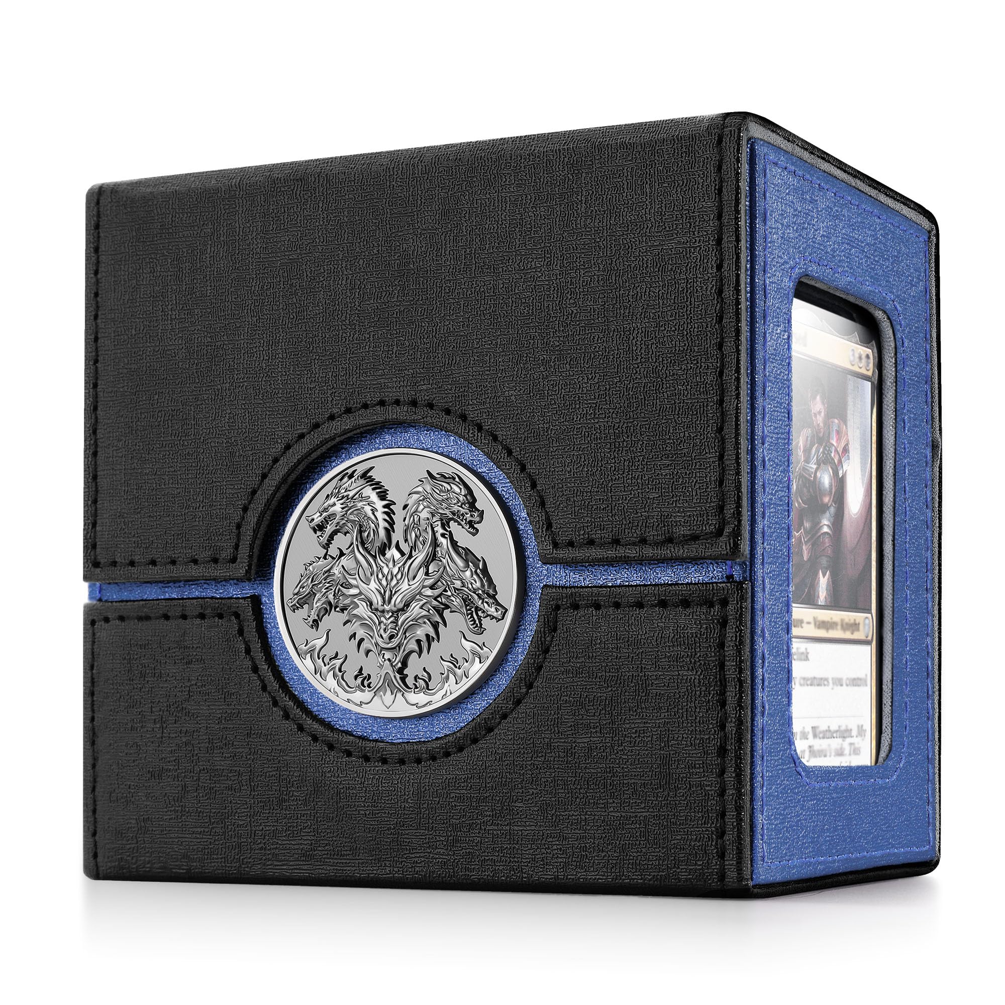 Kabinka Commander Deck Box for MTG with Metal Emblem, Card Deck Box with Dice Tray, Holds 100 Double-Sleeved Cards for TCG/PTCG, Cards Storage Case with 35PT Magnetic Card Holder (Black& Blue, Dragon)
