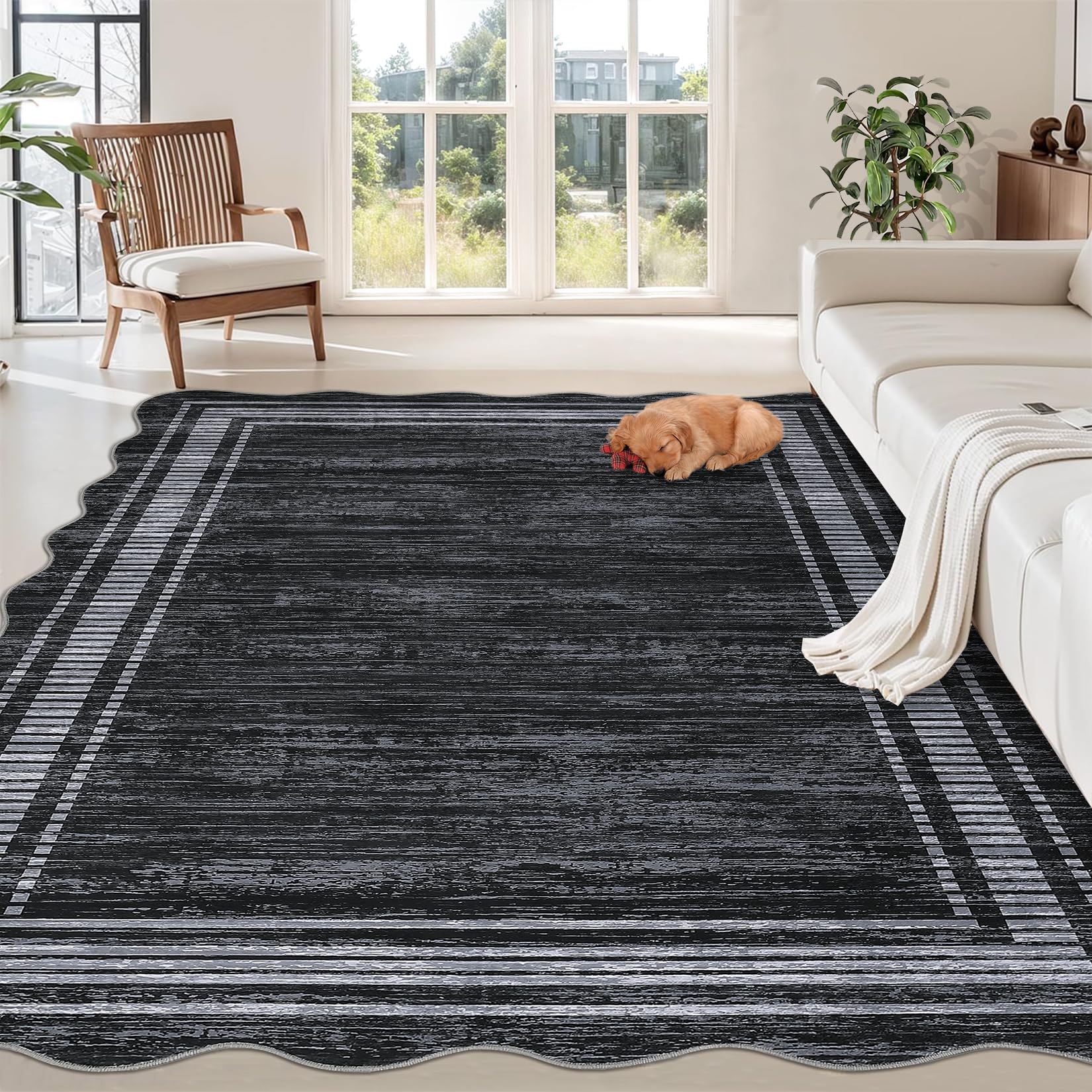 Area Rug 200x290cm Living Room Rug Modern Bordered Soft Large Area Rugs for Bedroom Washable Checkered Dining Room Throw Carpet Non Slip Stain Resistant Geometric Rugs for Home Office, Black