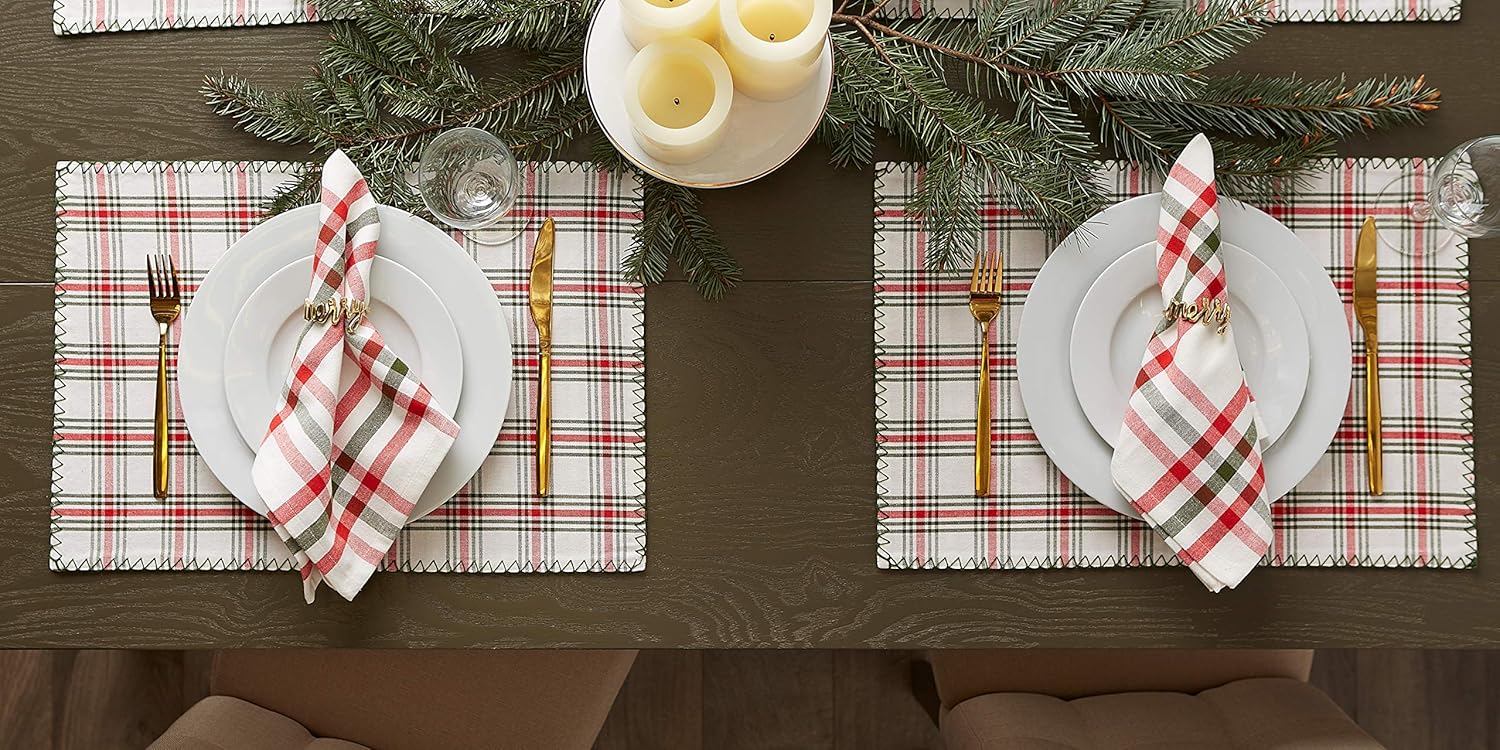 DII Jolly Christmas Tree Collection Holiday Table & Kitchen Décor, Reversible Placemat Set, 13x19, Christmas Red, 4 Piece