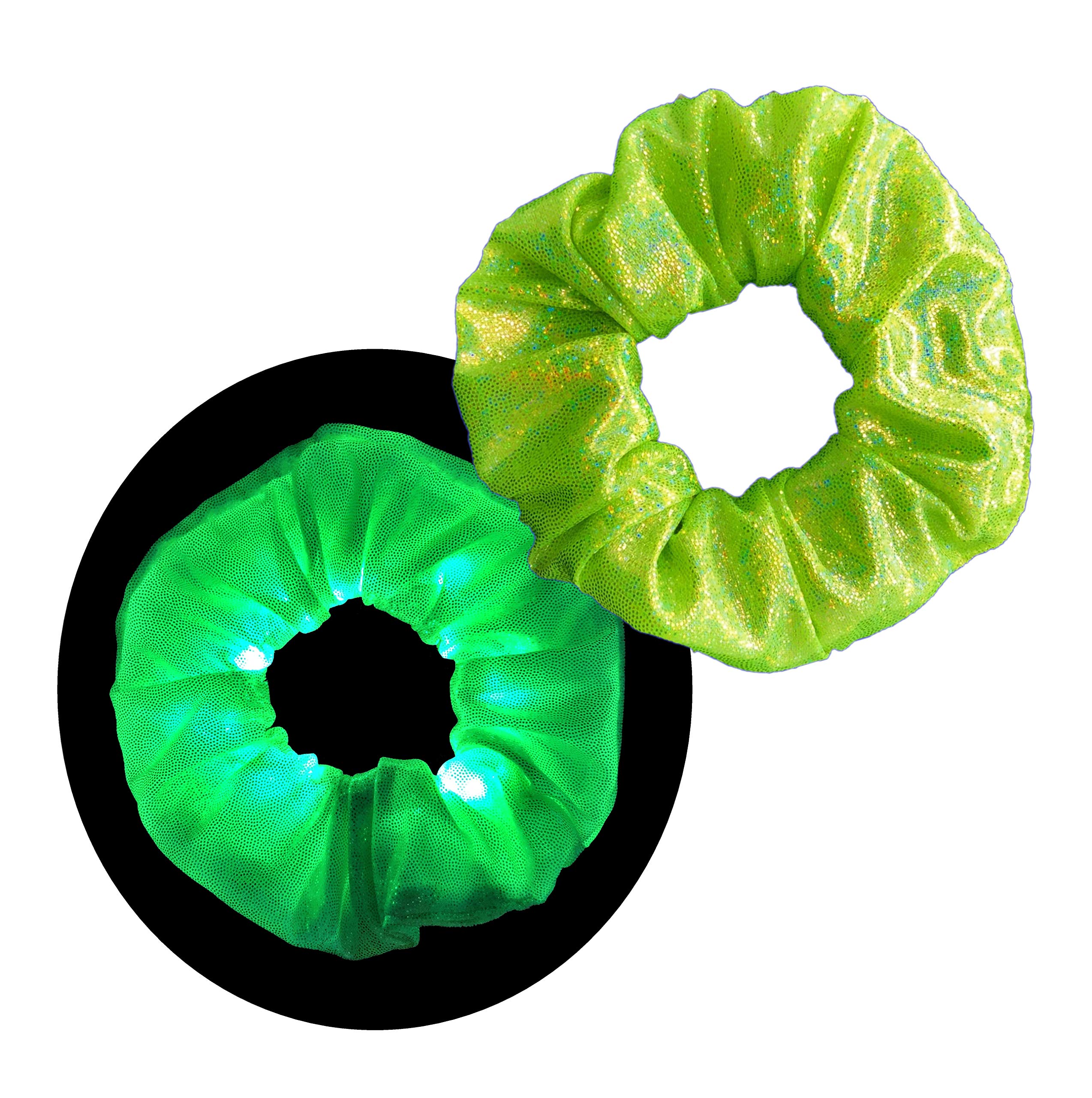 Scrunchie verde tela satinada con tres modos de luz intermitente 8