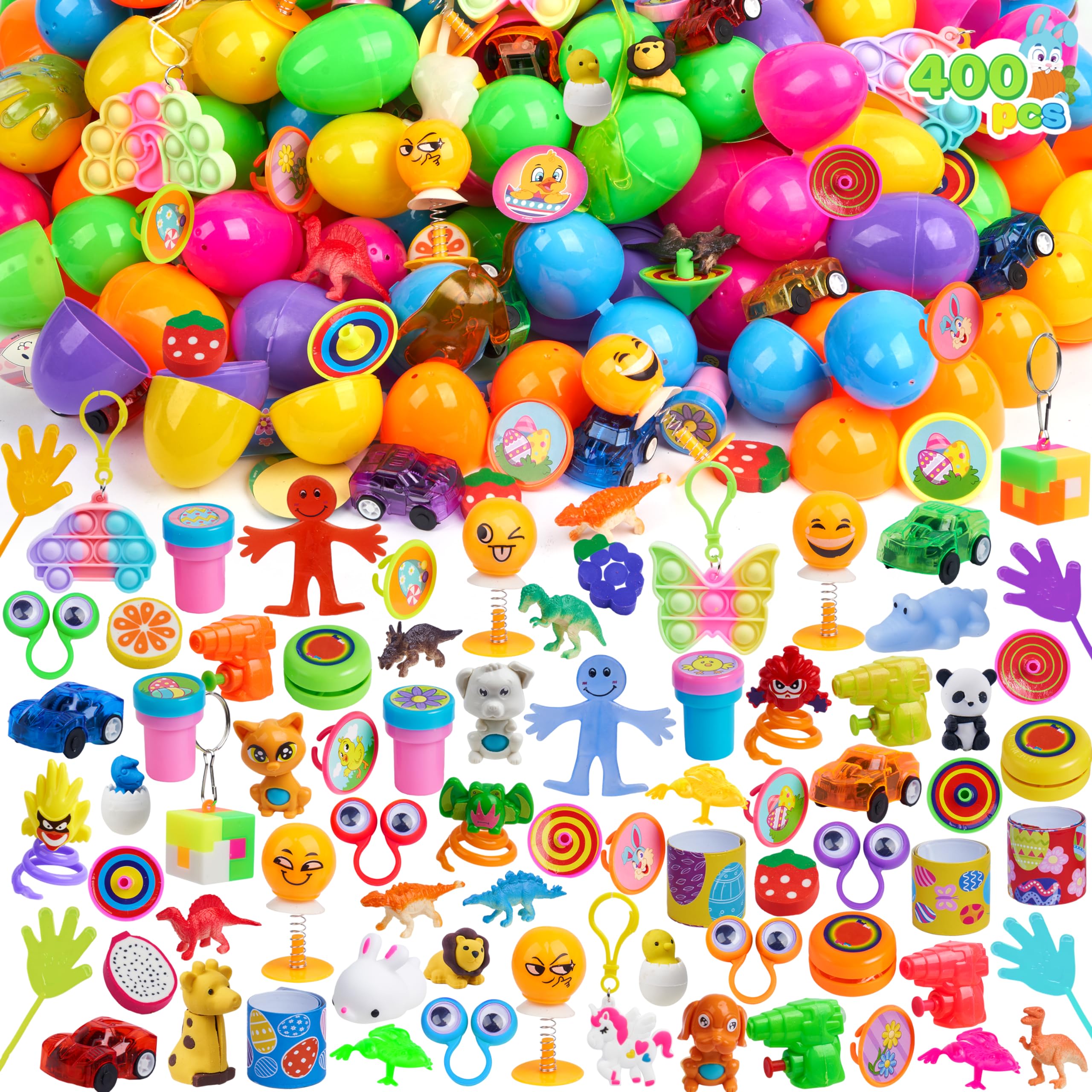 JOYIN 400 Pcs Prefilled Easter Eggs with Assorted Toys Inside, Include 400 Pcs Plus Stickers, Stuffed for kids Easter Egg Hunt, Kids Basket Stuffers Fillers, Party Favor Decor, Classroom Prize
