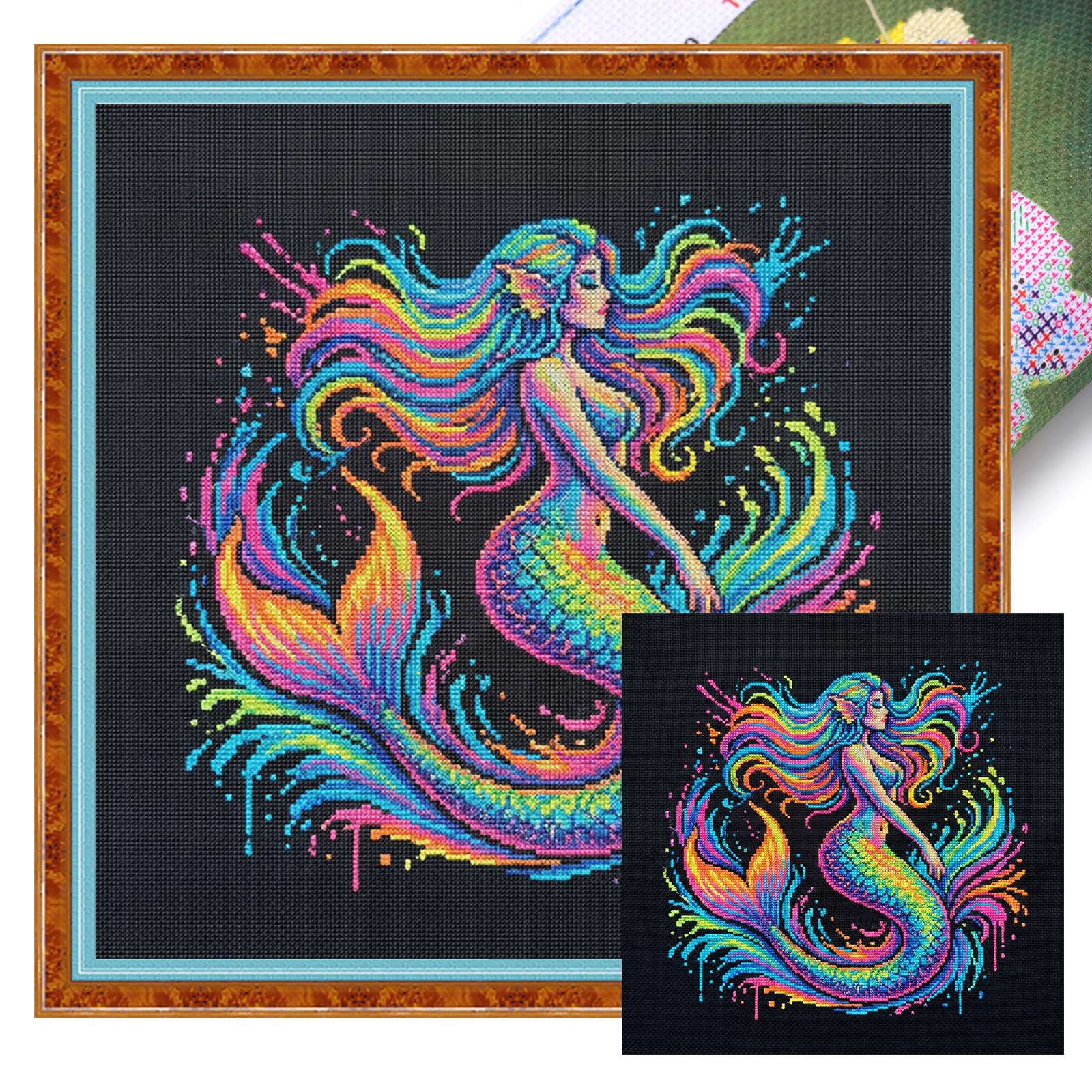 POETRYDRAW Mermaid Full 14CT DIY Stamped Cross Stitch Kits 11.81x11.81inch Embroidery Needlepoint Starter Kits for Beginners Adults Home Decor (Mermaid)