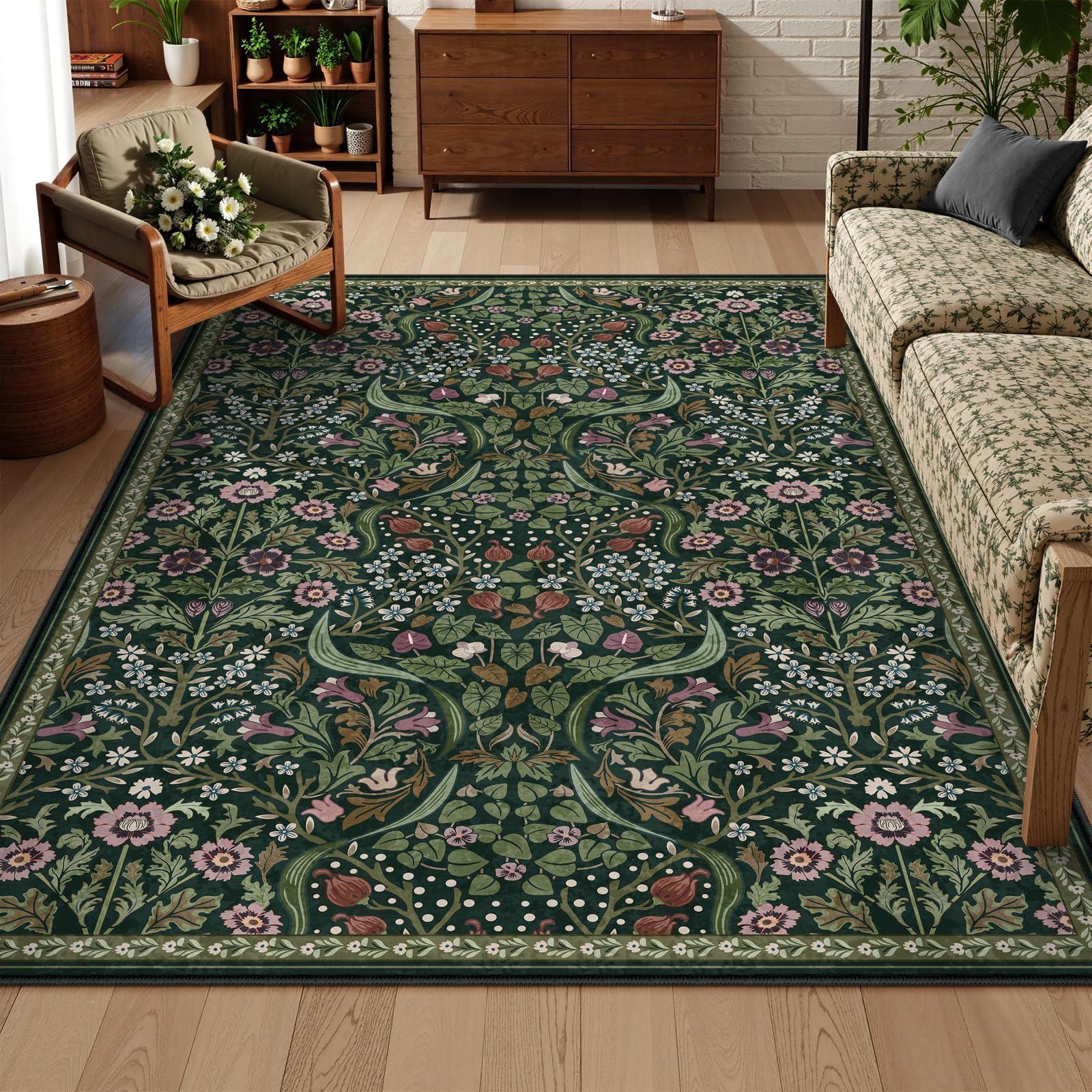 Lahome Floral Living Room Rug, 6x9 Soft Washable Rugs for Bedroom, Thin Green Area Rug for Dining Room, Non Shedding Print Carpet for Guestroom