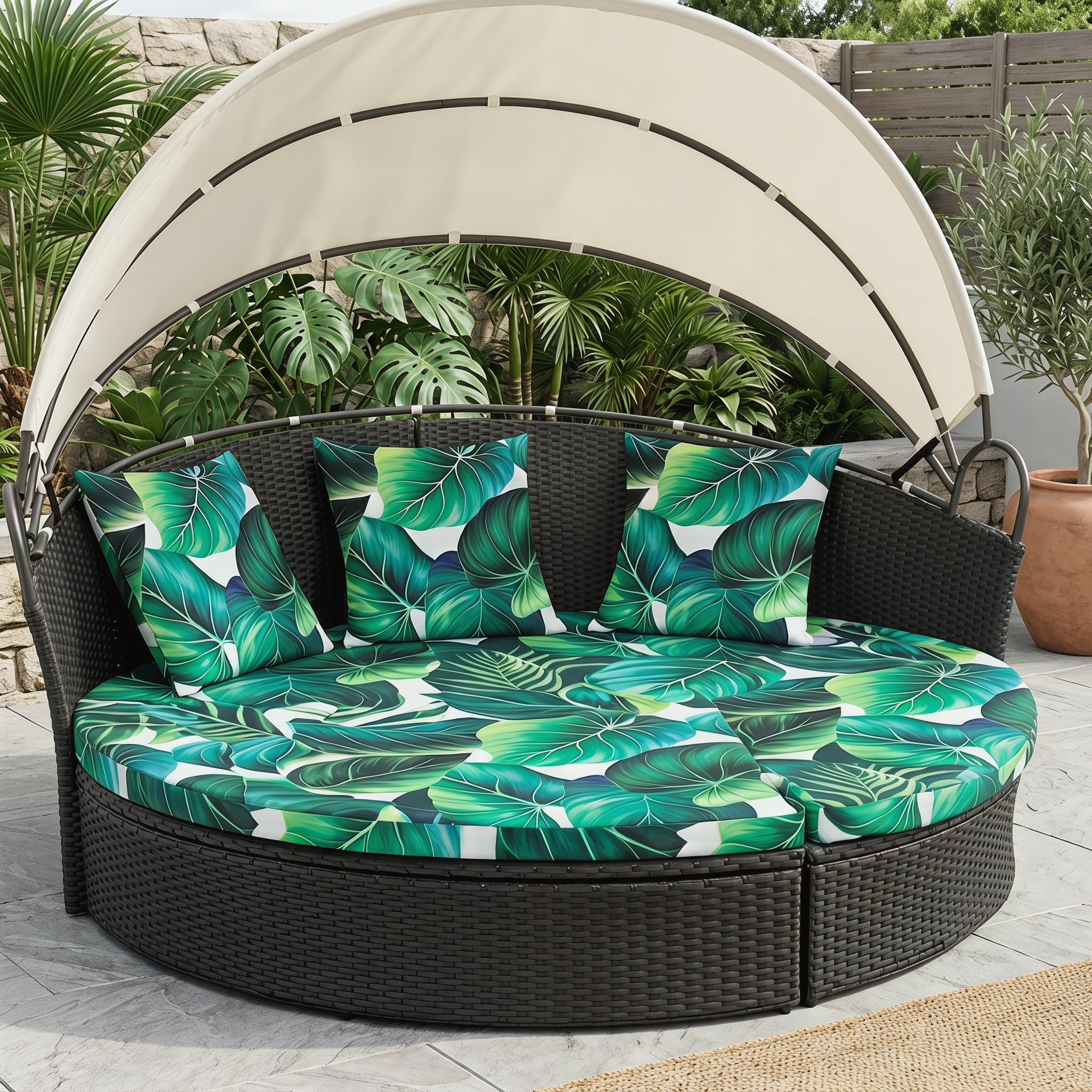 LiveGo Outdoor Daybed Cushion Cover, 66" Replacement Daybed Cover with Elastic Band, Sun Bed Cushion Cover, Outdoor Round Bed Cushion Covers (Leaves B, 1 Round Cover + 3 Pillow Covers) — image 1