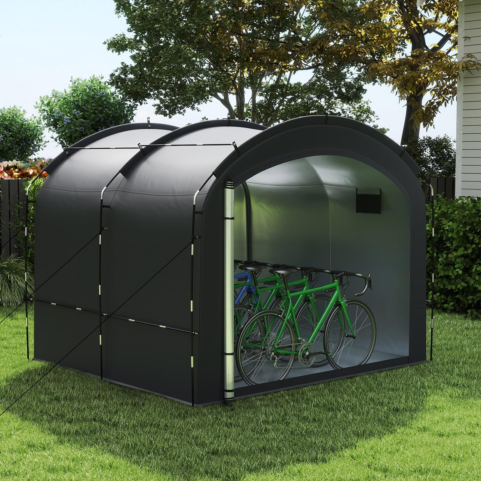 COSTWAY Abri de Rangement pour Vélos, Tente de Jardin Portable pour 8 Vélos avec Tissu Argenté Imperméable Porte Zippée Doubles Sac de Transport, Abri Extérieur pour Outils Jouets Motos