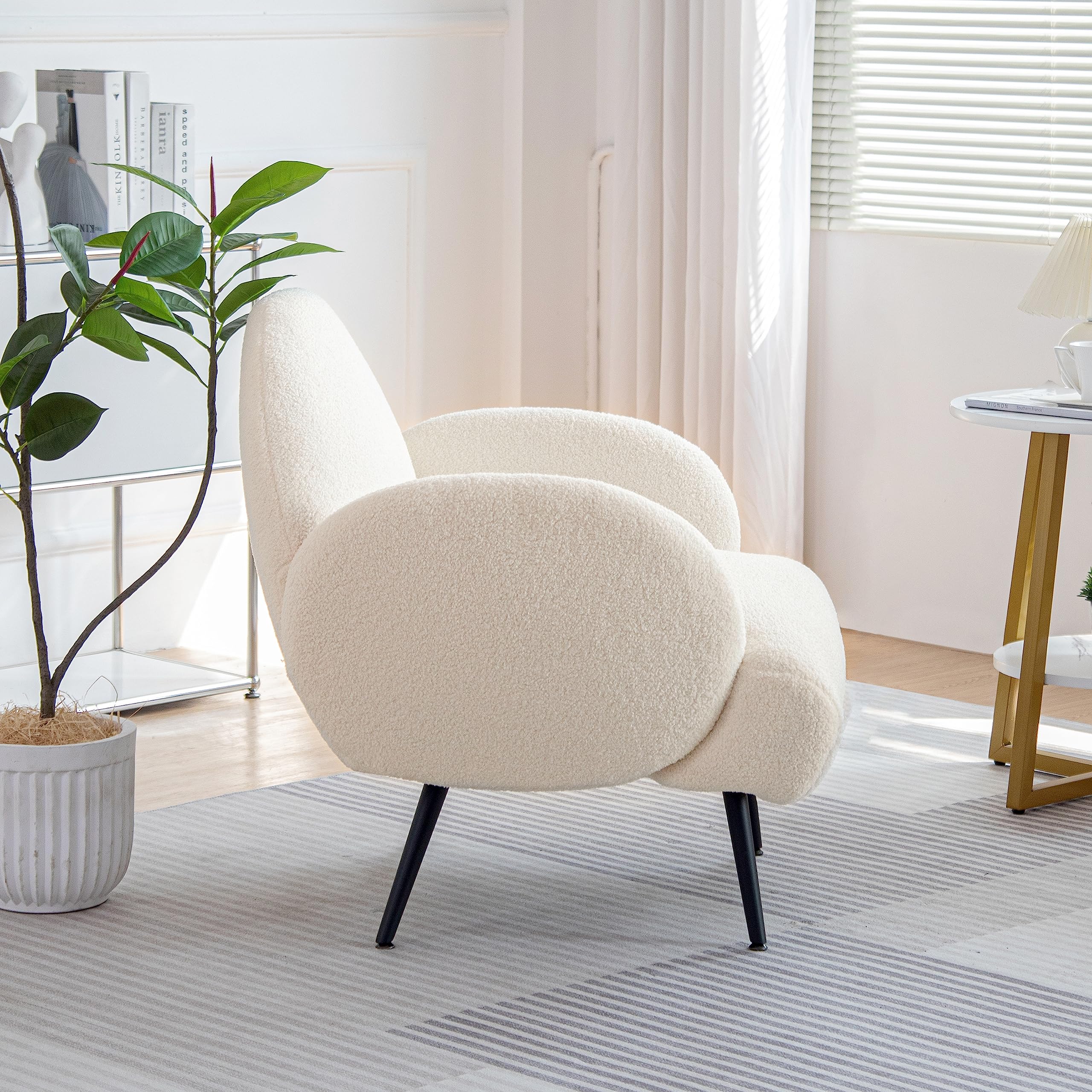 Sillón Moderno, sillón tapizado con Patas de Metal Negro para salón, Dormitorio, balcón, Estudio, Blanco