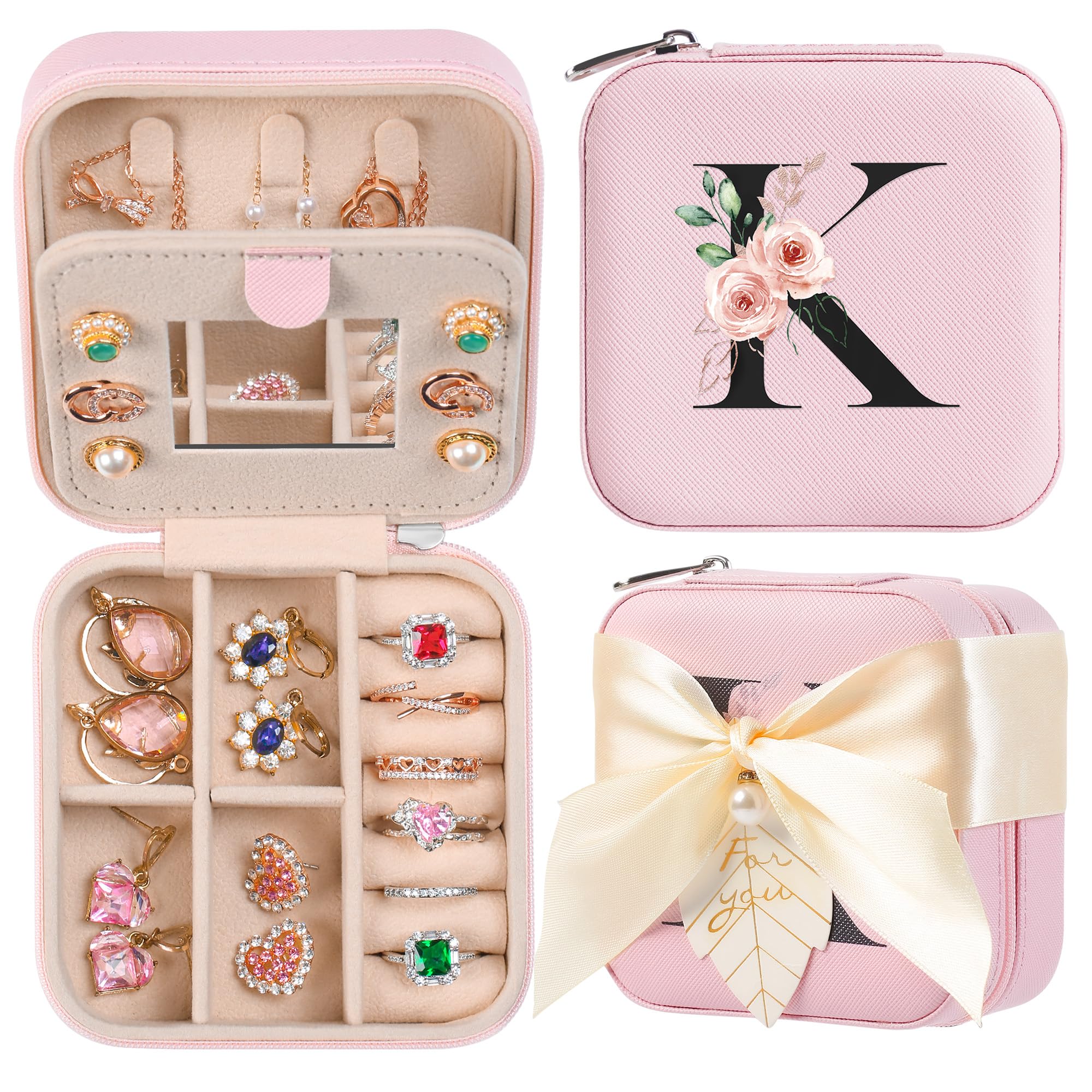 AYGXU Travel Jewelry Box for Women and Girls - Small Case With Initial A-Z - Teacher Gifts