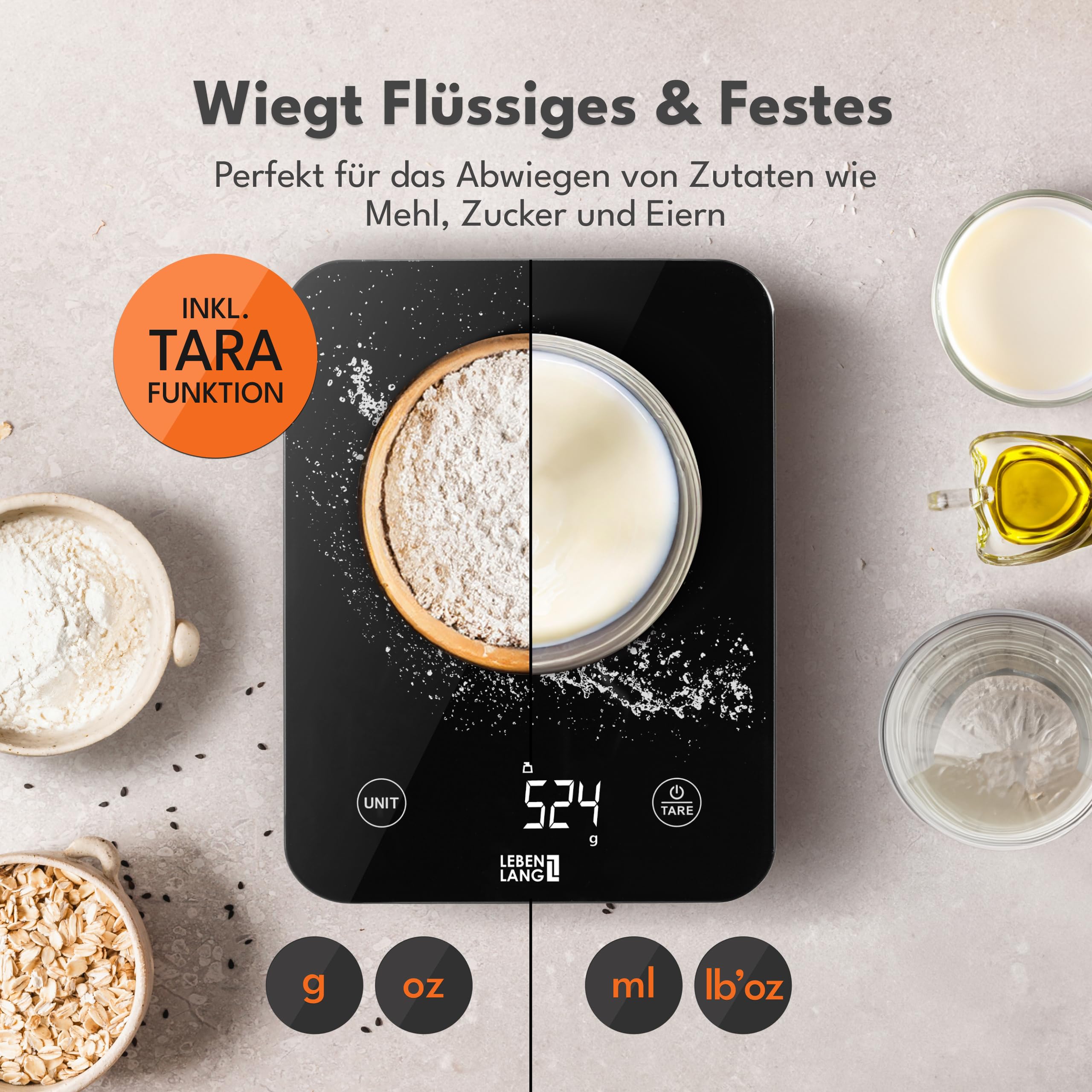 LEBENLANG Digitale Waage Küchenwaage Wasserdicht - USB Aufladbar & Inkl. Ladekabel I Bis 10 Kg I Waage Küchenwage für Food & Kitchen Scale I Elektronische Kuchenwagee Digitalwaage Küchenzubehör
