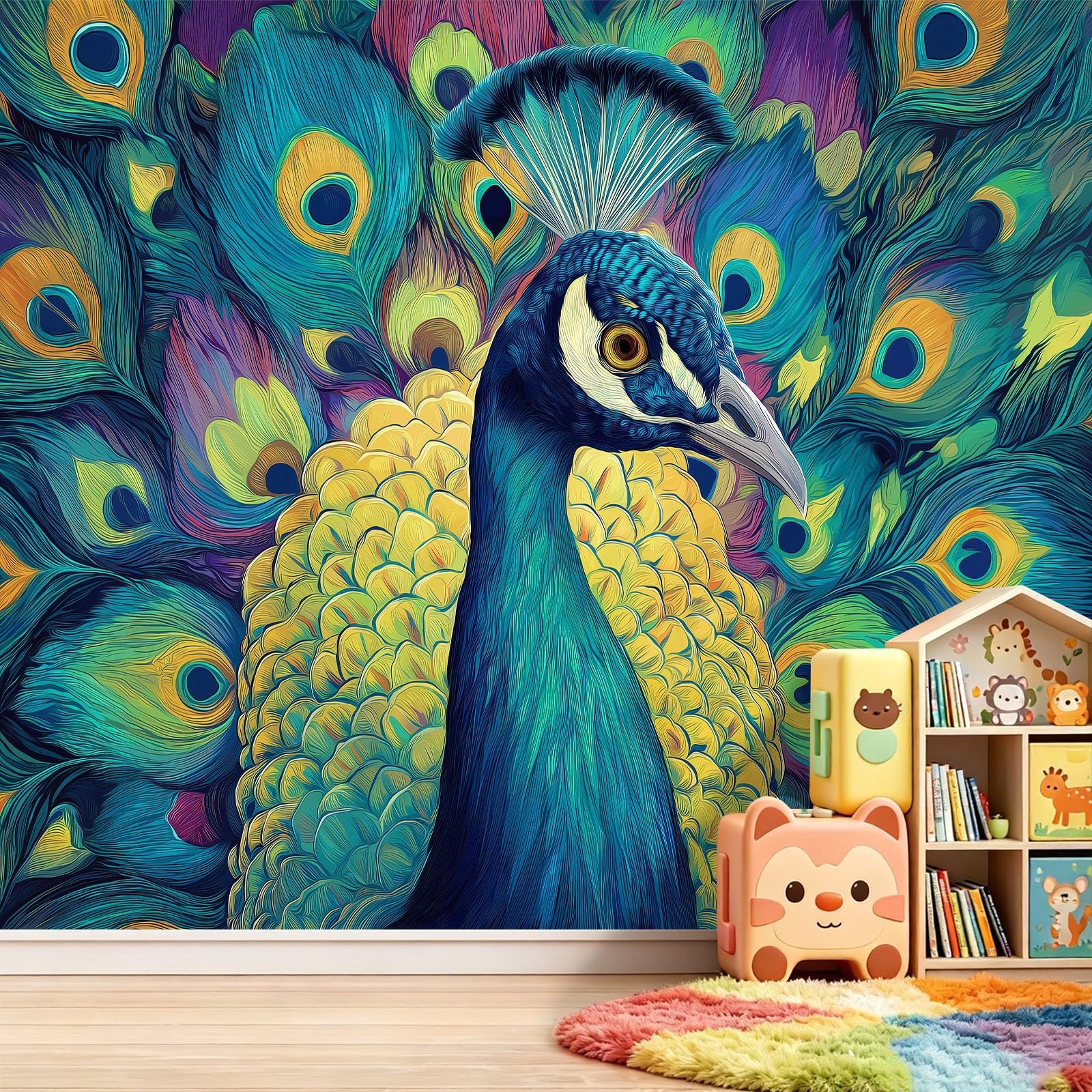 Fototapeta ze zwierzęciem paw 350 x 256 cm panoramiczna tapeta, obraz olejny z włókniny panoramiczny mural do pokoju dziewczynki chłopiec sypialnia salon dekoracja sypialni