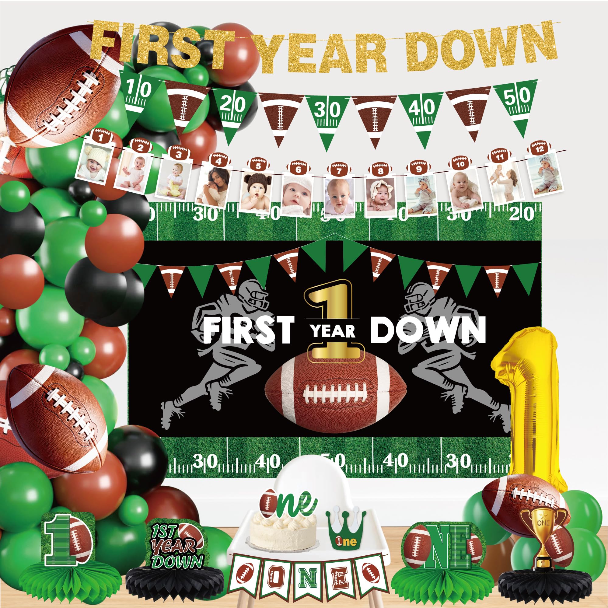 1st birthday decorations boy, First Year Down Football Birthday Party Decorations,1st Year Down Banner,1st Year Down Party Decorations，Football 1st