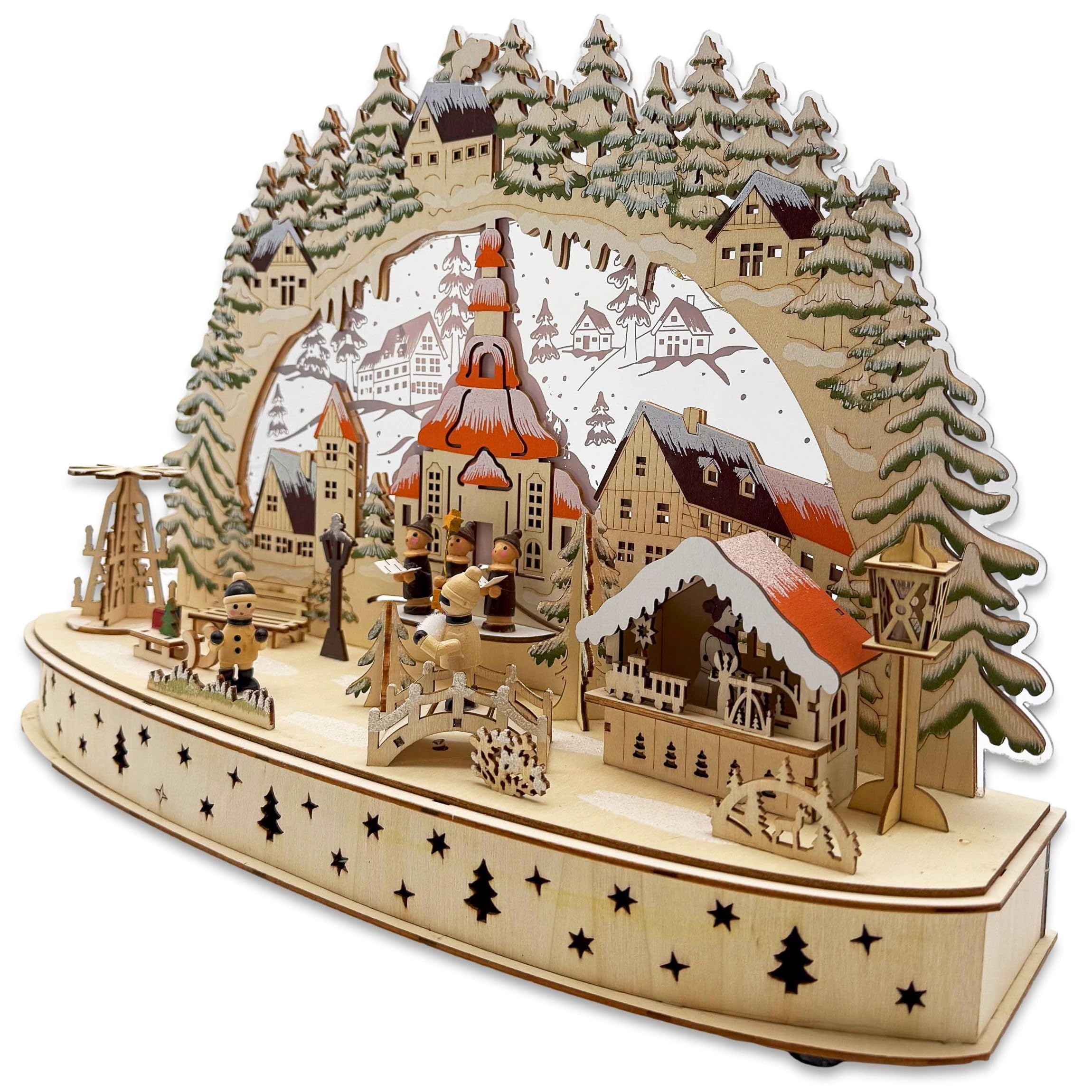 Wichtelstube-Kollektion LED Schwibbogen Seiffener Kirche Weihnachtsmarkt Winterlandschaft, Lichterbogen indirekt beleuchtet Schwippbogen Echtholz beidseitig bemalt