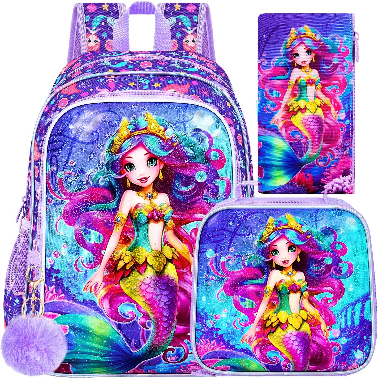 CCJPX 3PCS Kids Backpack for Girls, 16”Mermaid Sequin Preschool Bookbag Set, Cute Water Resistant School Bag for Elementary Kindergarten Toddler