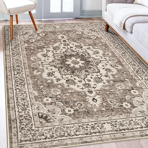 Alfombra oriental lavable de 5 x 8 pies, alfombra suave para sala de estar, dormitorio, impermeable, floral, envejecida, resistente a las manchas,