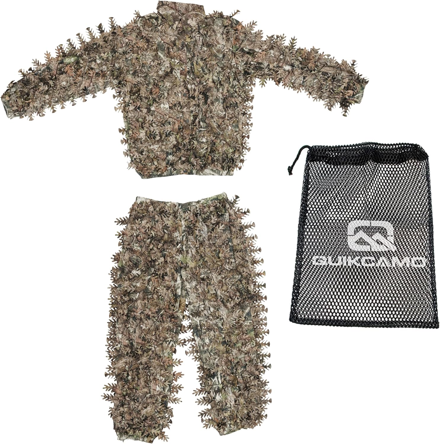 QuikCamo Mossy Oak 3D Leafy Camo Ghillie Suit - Breathable Quiet Mesh, Snaps and Zippered Pockets for Turkey Hunting