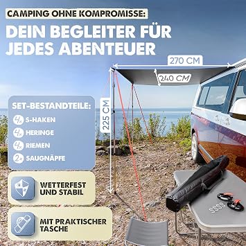 Caravan & Bus Awning (2.2 x 2.5 m) with Piping - Includes 2 Telescopic Poles - Universal Awning & Awning for Car & Camping