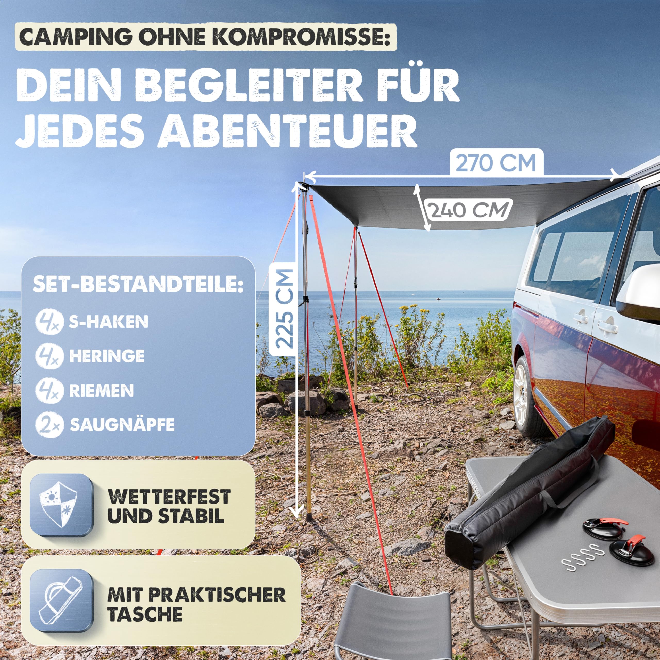 Sonnensegel für Wohnwagen & Bus (2,2 x 2,5 m) mit Keder – Inkl. 2 Teleskopstangen – Universelles Vorzelt & Markise für Auto & Camping