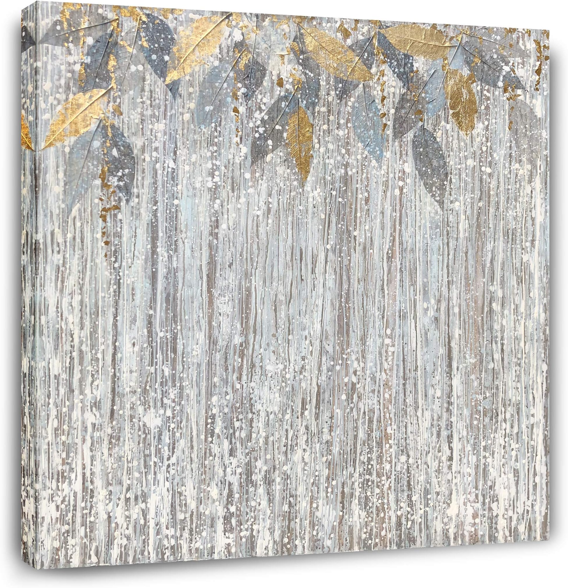 Yihui ArtsLeaf Wall Art Hand Painted Abstract Tree Painting Grey Pictures With Gold Foil for Living Room Decoration (20Wx20L)