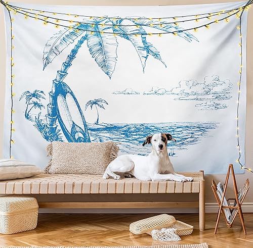 Miniatura 8 de Ambesonne Tapiz de surf, ilustración contemporánea de boceto hawaiano, playa, tabla de surf, palmeras, agua del océano, decoración de tela para