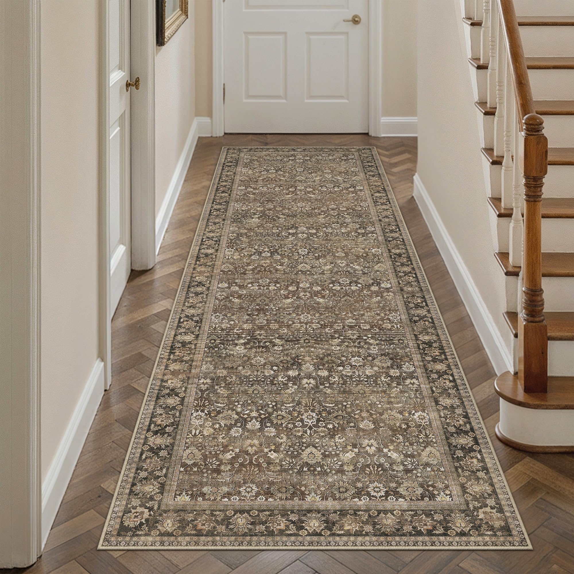 hugear 3x8 runner rug machine washable brown hallway area rug indoor accent rugs floral low pile carpet soft throw rugs bedroom living room office dining kitchen laundry non slip