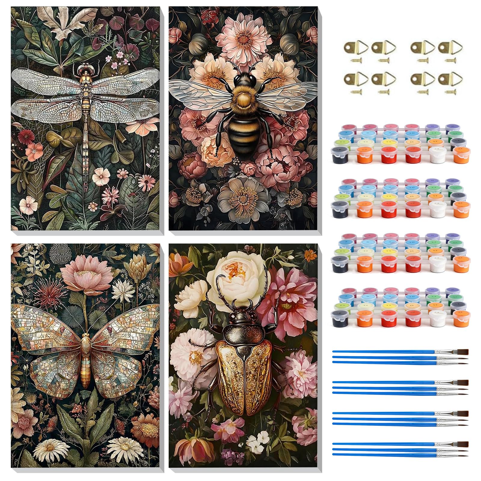 MISCER 4 Pack Insect Framed Paint by Numbers Kit for Adults Beginners, Adult Paint by Number Dragonfly Kits On Canvas, DIY Acrylic Painting Adult Craft Gift for Home Wall Decor 8x12 inch