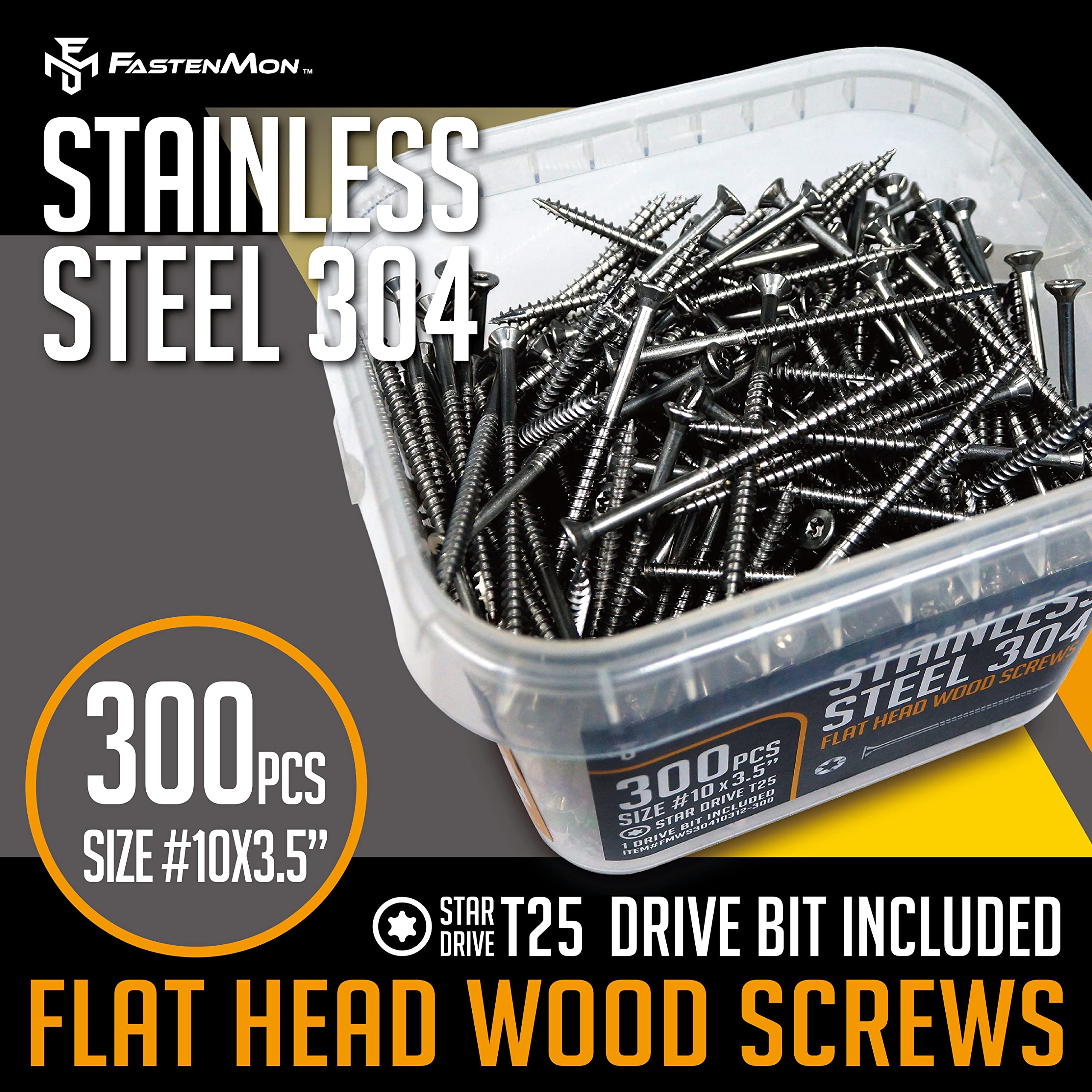 FM FastenMon #10 x 3-1/2" Stainless Steel Deck Screws - 300 Pieces, 304 Grade with T25 Star Drive Bit - Ideal for Outdoor Wood Projects
