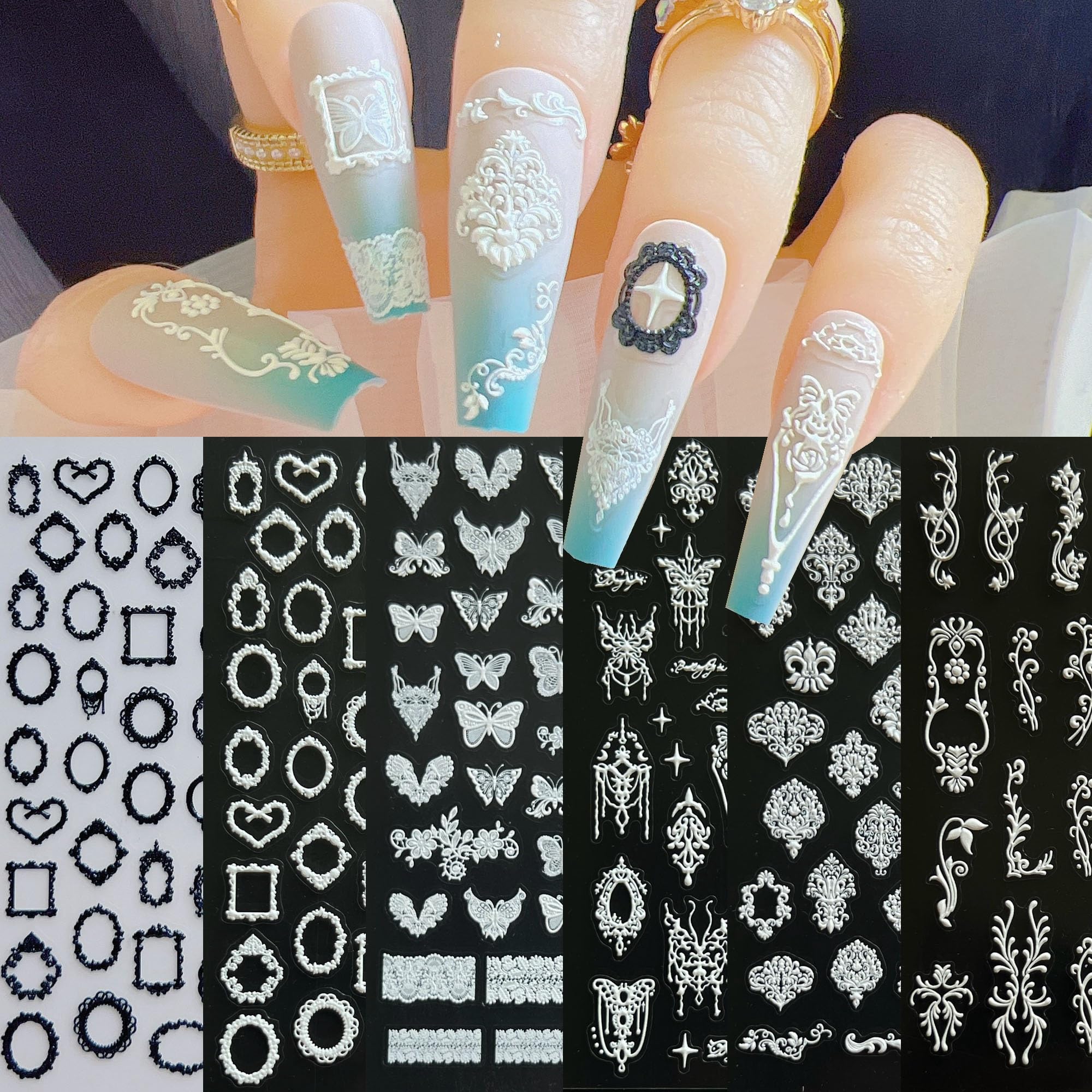 NAIL ANGEL 6Sheets Nail Art Adhesive Sticker Sheets 5D Frame Butterfly Classical Shapes Decals Nail Art 10357