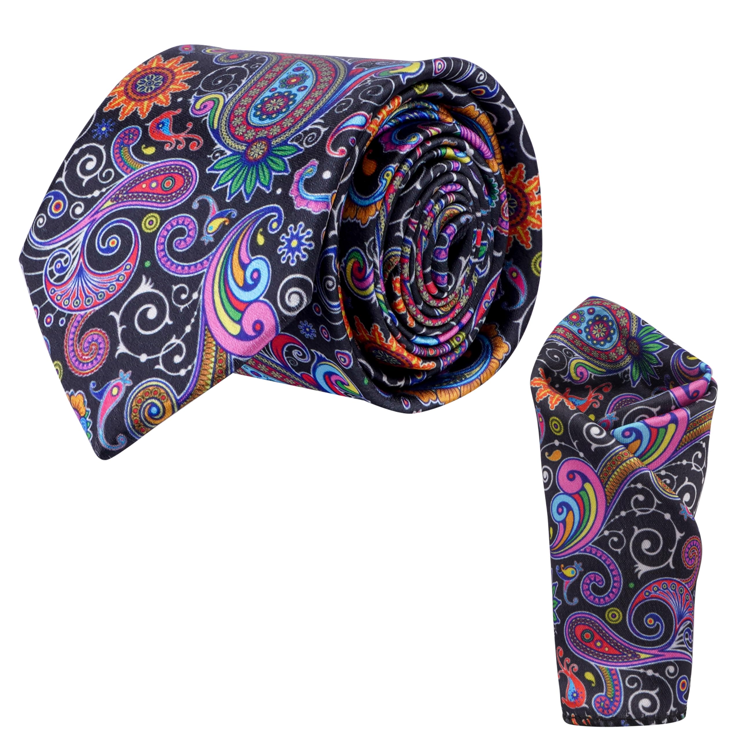 calixto Men’s Paisley Tie – Colorful Vintage Floral Necktie for Weddings, Parties & Formal Events – Black Background with Multicolor Pattern – Luxurious Microfiber, 3.15” Width-picture-41