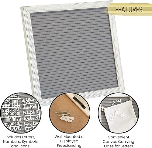 Miniatura 2 de HBCY Creations Tablero de letras de fieltro de 10 x 10 pulgadas, marco de madera maciza, color blanco lavado, fieltro gris, 389 letras de