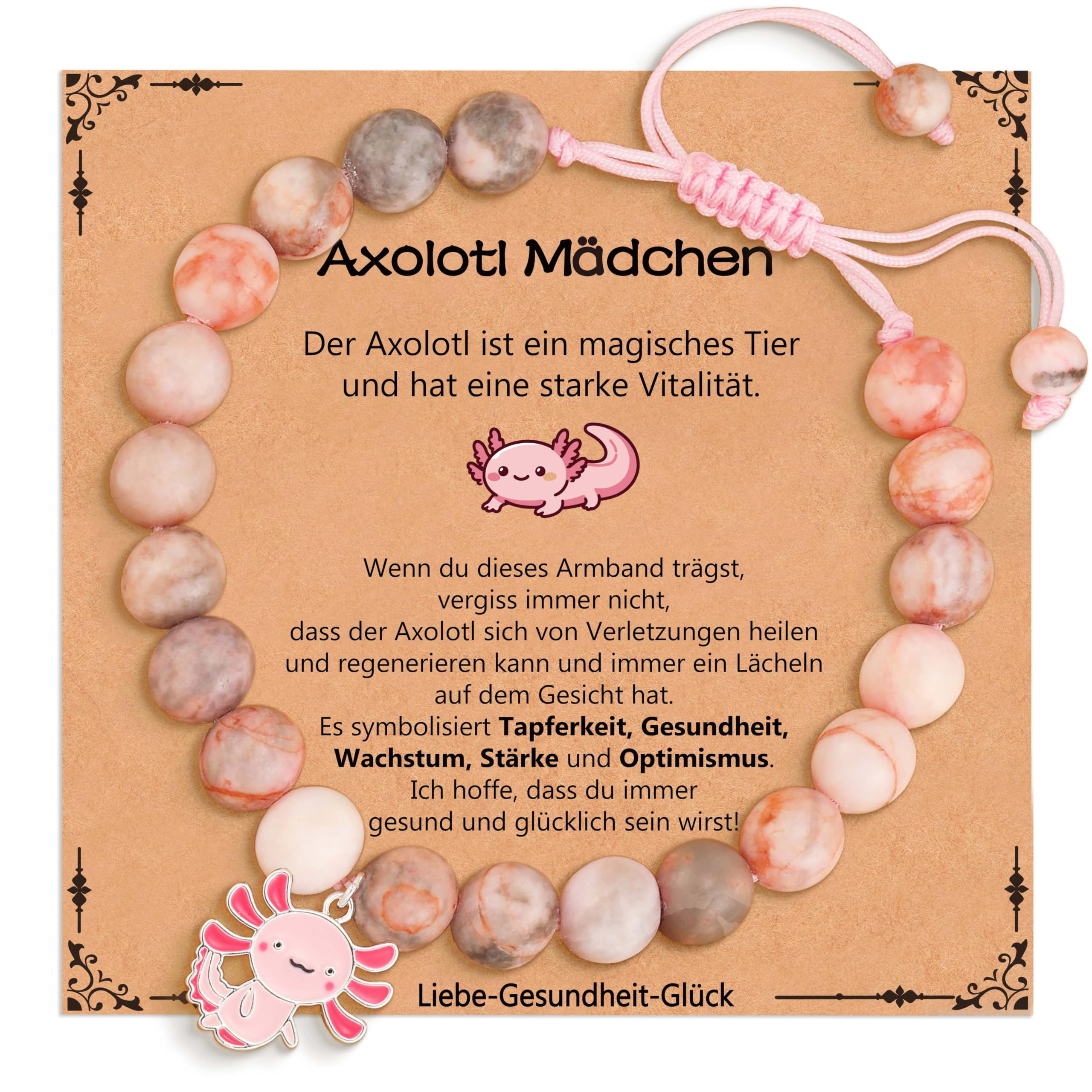 Aretas Axolotl Bracciali per ragazze e bambini, perle rosa e sfere di strass, bracciale in pietra naturale rosa con ciondolo Axolotl Cute Stuff piccoli gioielli dolci per bambini regali per nipote