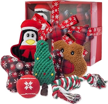 Christmas Dog Toys, 6 Pack Interactive Dog Squeaky Plush Toy & Rope Chew Toy & Red Tennis Ball, Holiday Pet Toys for Small, Medium & Large Dogs