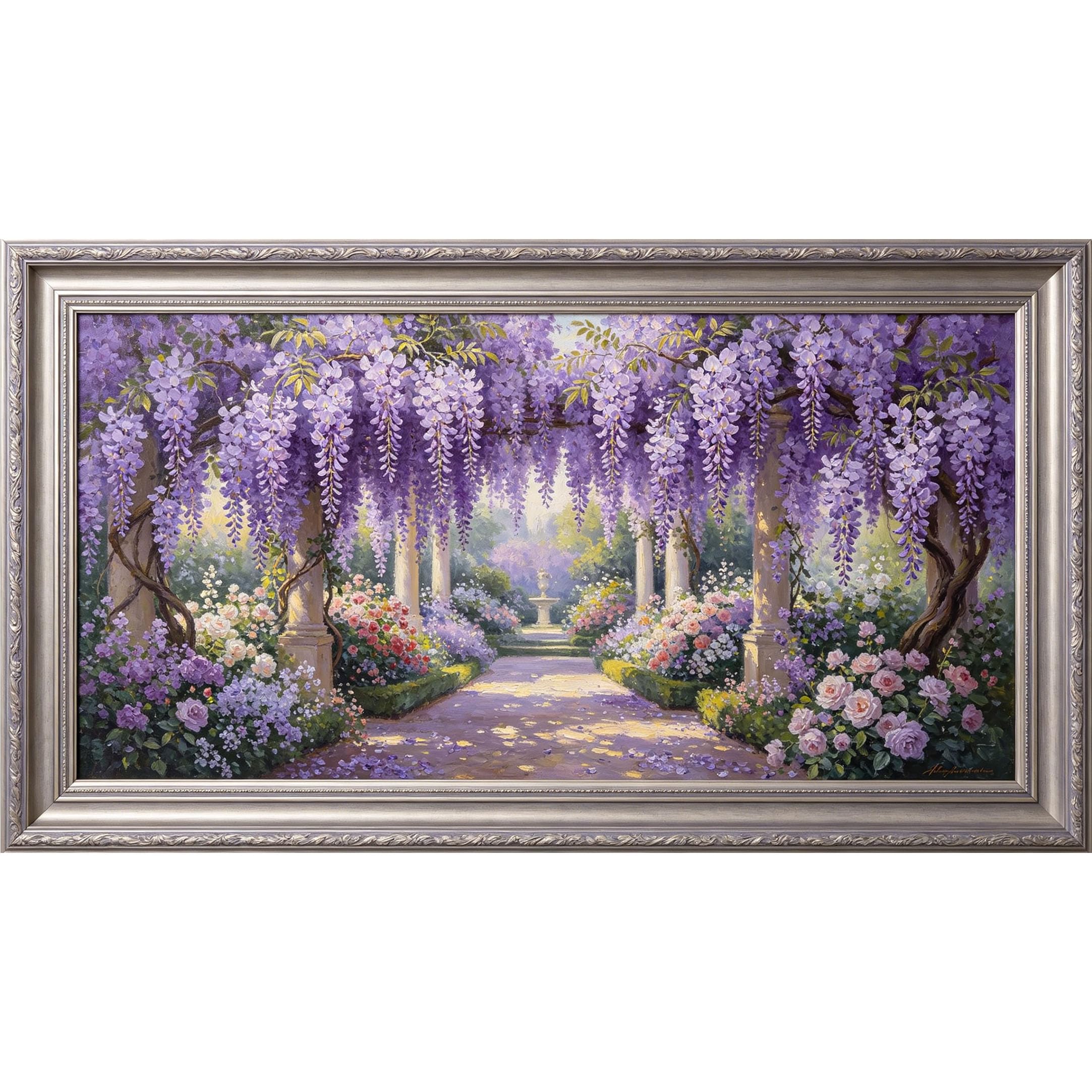 QZLITHOTIC 50x90cm3D Framed Wall Art， Botanical Garden Wisteria Floral Pathway Self‑Adhesive Mural， Water‑Activated Peel & Stick Fabric Decor Wall Decal for Bedroom Living Room