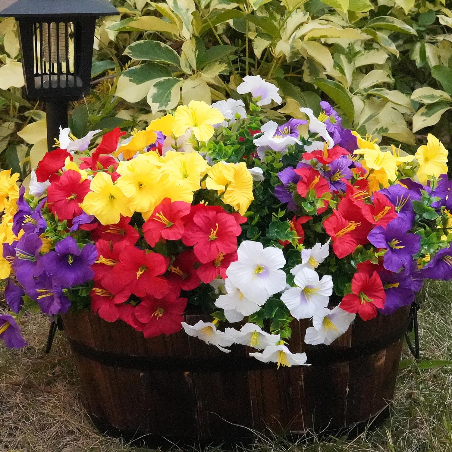 Artificial Flowers for Outdoors Fake Plants Outside Decoration, 12 Bundles Silk Petunia with Eucalyptus UV Resistant Realistic Faux Flowers for Outdoor Planters Garden Balcony (4 Color)