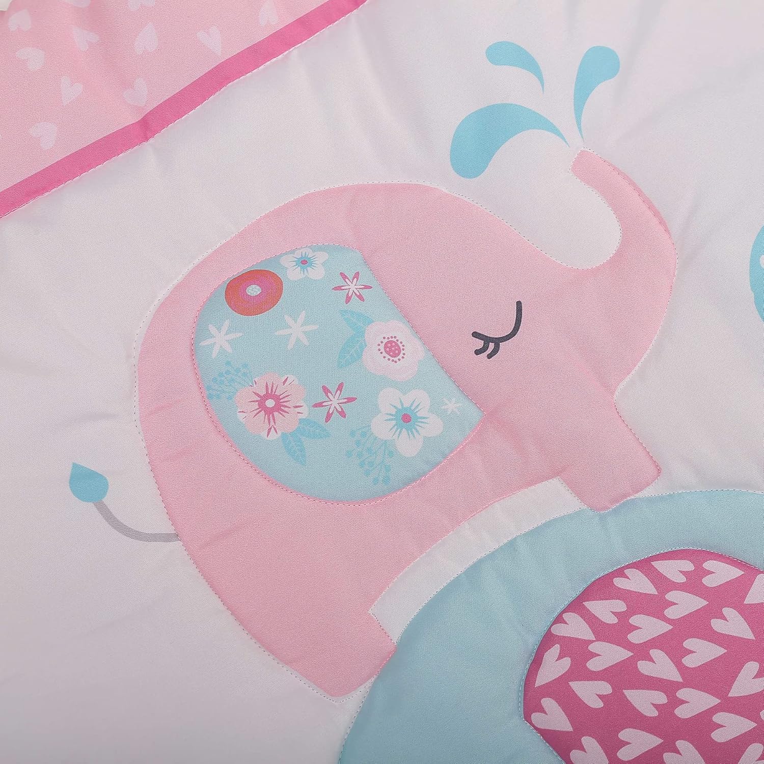 6 PCs Pink Elephant Nursery Crib Bedding Set Quilt, Fitted Sheet, Skirt, Blanket, Diaper Organizer, Window Valance Baby Girl Elephant Themed Cot Bedding Set