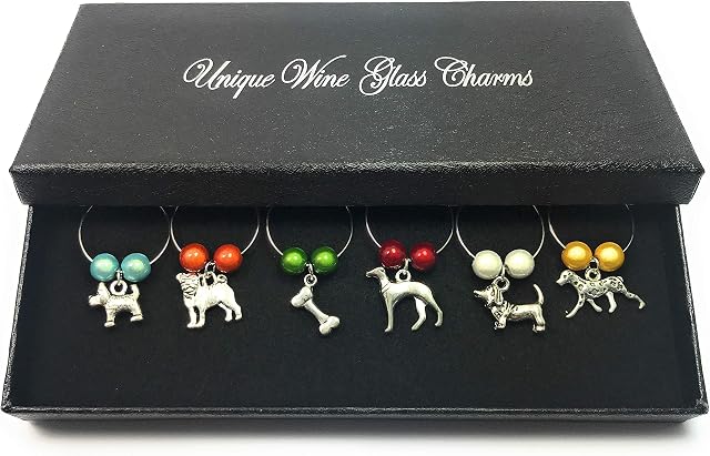 Libby's Market Place Set of 6 Dog Lovers Design Wine Glass Charms with Gift Box