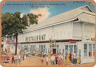 7 x 10 METAL SIGN - Pennsylvania Postcard - Hanson's Restaurant, Bar & Grille, Hanson's Amusement Park, Harvey's L - Vintage Rusty Look