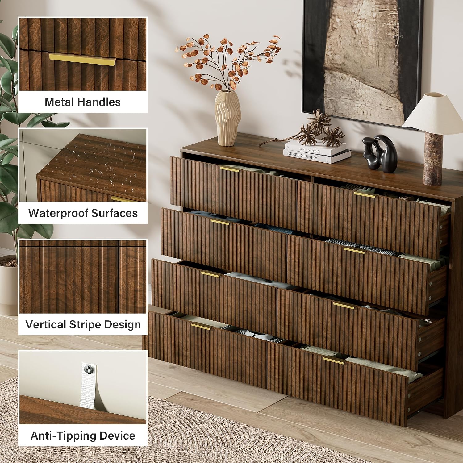 Close-up of dresser features including metal handles, waterproof surface, vertical stripe design, and anti-tipping device