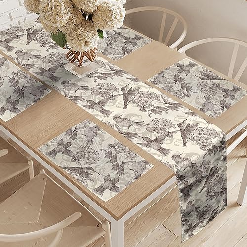 Miniatura 2 de Ambesonne Hummingbirds Table Runner & Placemats, Birds and Flowers Monochromic Classical Design Nostalgia Ornate, Set for Dining Table Decor,