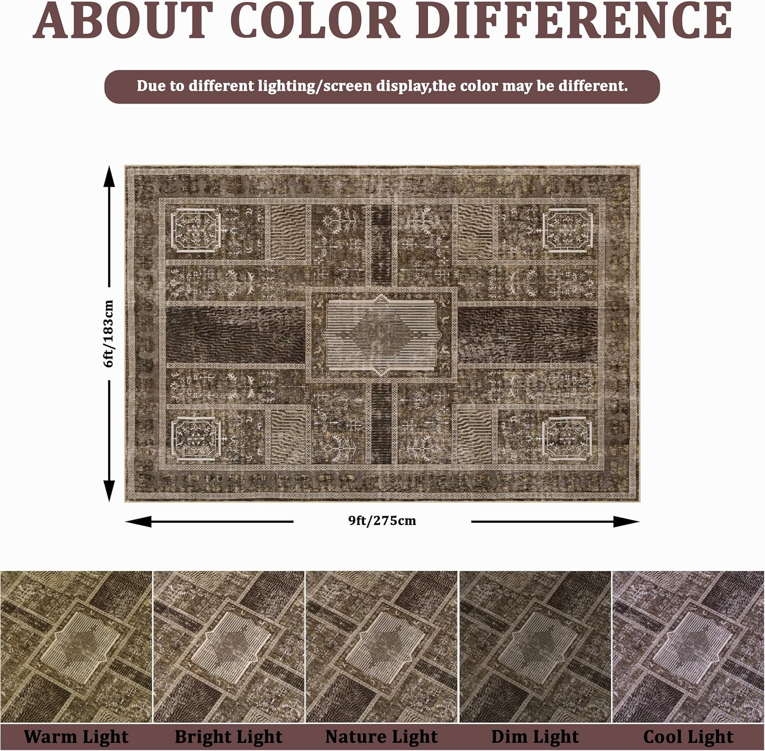 Washable 6x9 Area Rug for Living Room, Carpet for Bedroom Dining Room, Non Slip&Non-Shedding Resistant Low Pile Vintage Print Rug for Home Office (Brown3) image 2
