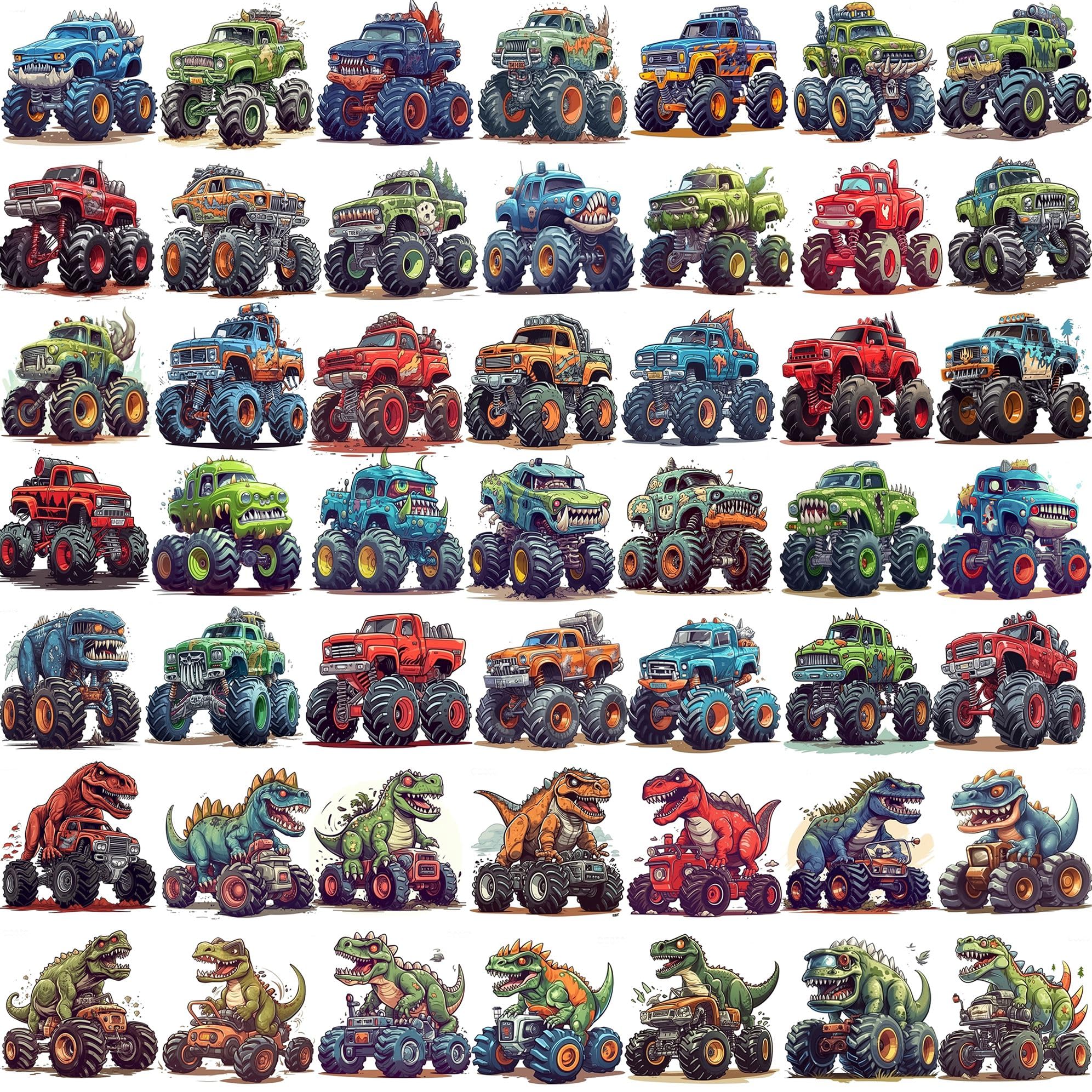 50 PCS 3D Monster Truck Temporary Tattoo for Kids Boys Girls, Dinosaur T-Rex Race Car Temp Bulk Waterproof Fake Tattoo Stickers Body Face Arm, Party