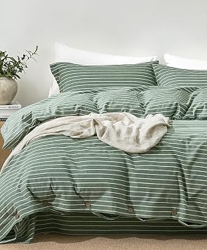 JELLYMONI 100% Washed Cotton Forest Green Striped Duvet Cover Set Twin