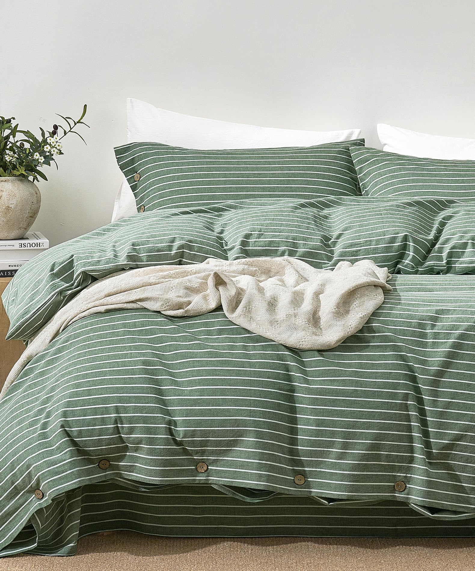 JELLYMONI 100% Washed Cotton Forest Green Striped Duvet Cover Set Full