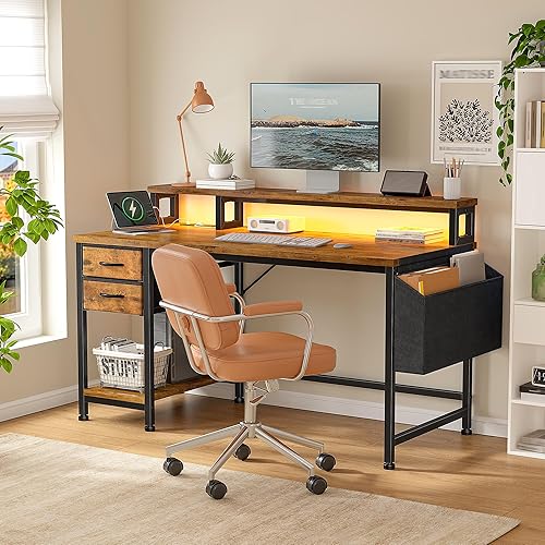 Miniatura 4 de Escritorio para computadora de 40" con tira LED, escritorio para juegos con cajones y bolsa de almacenamiento, escritorio de oficina con tomas de