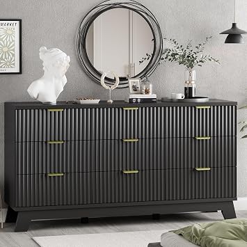Xixini Fluted Dresser for Bedroom with 9 Drawers, 57" Wide Chest of Drawers with Metal Handle, Modern Wood Dresser TV Stand, Wooden Closet Clothes Storage Organizer for Living Room, Hallway, Black