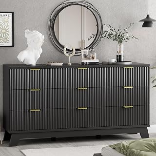 Xixini Fluted Dresser for Bedroom with 9 Drawers, 57" Wide Chest of Drawers with Metal Handle, Modern Wood Dresser TV Stand, Wooden Closet Clothes Storage Organizer for Living Room, Hallway, Black - Amazon product rated Grade A