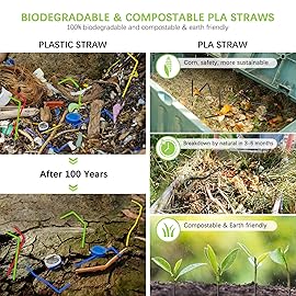 Plasticless 100 Pcs PLA Disposable Drinking Straws Corn Plant Based Biodegradable Straws, BPA Free Compostable Stir Sticks Black Reusable Straw Alternative to Plastic Straw for Party Drinks