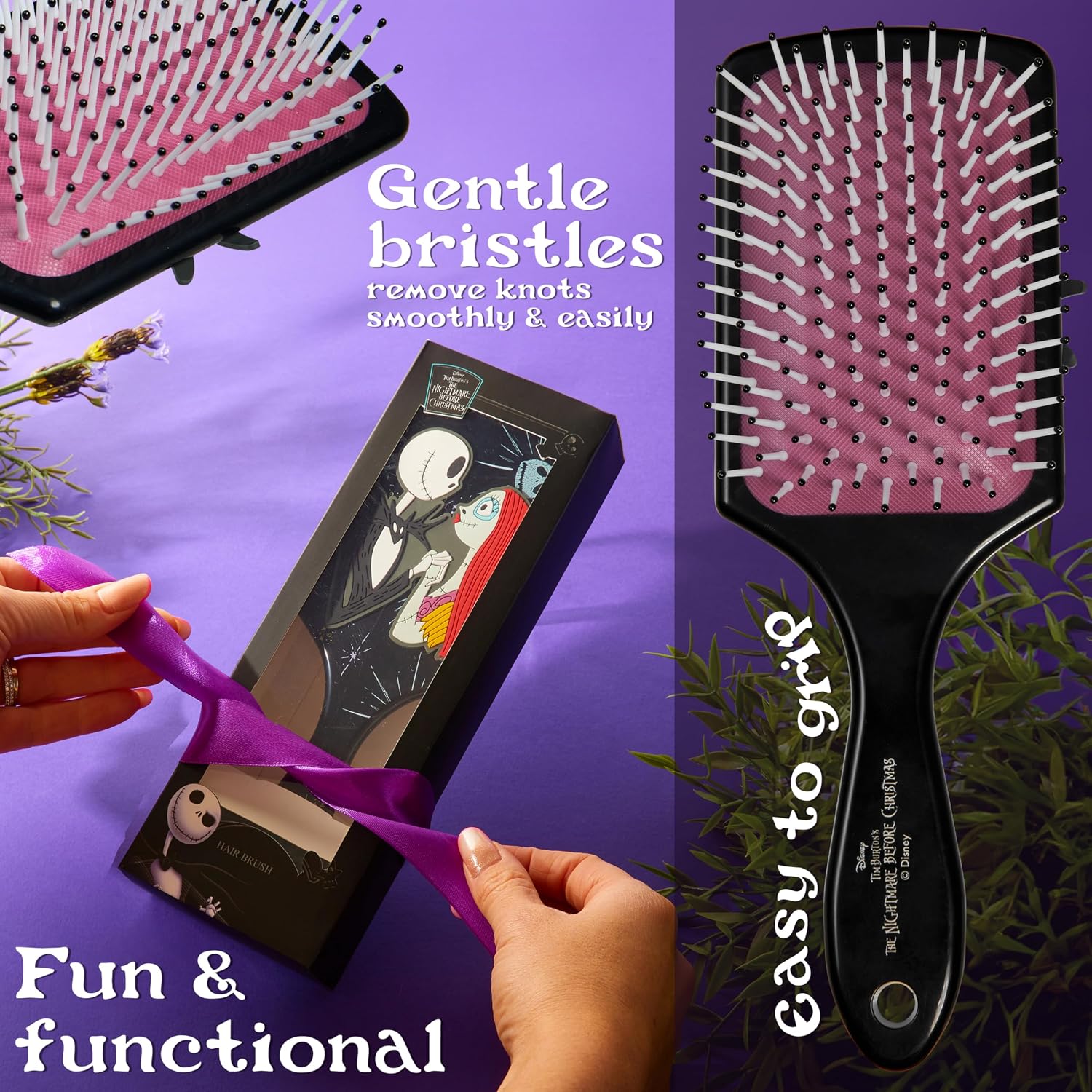 Disney Detangle Hair Brush for Women Teenagers Girls, Paddle Brush and Compact Mirror Set - Gifts for Girls (Black/Pink)