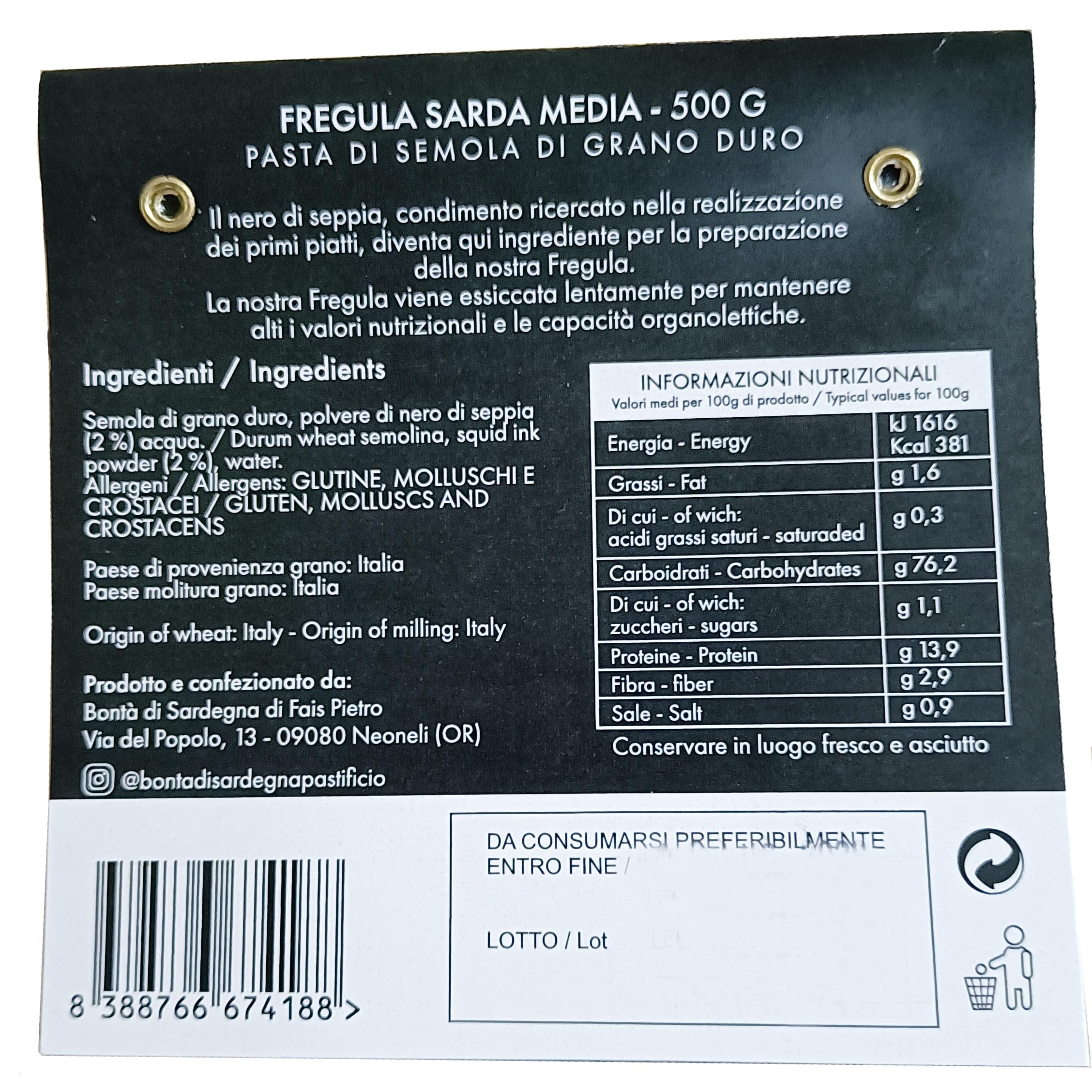3 Conf. Fregola Sarda di Grano Duro Media - Mauredda Fregola Sarda al Nero di Seppia 500 gr. Pastificio Bontà di Sardegna Neoneli